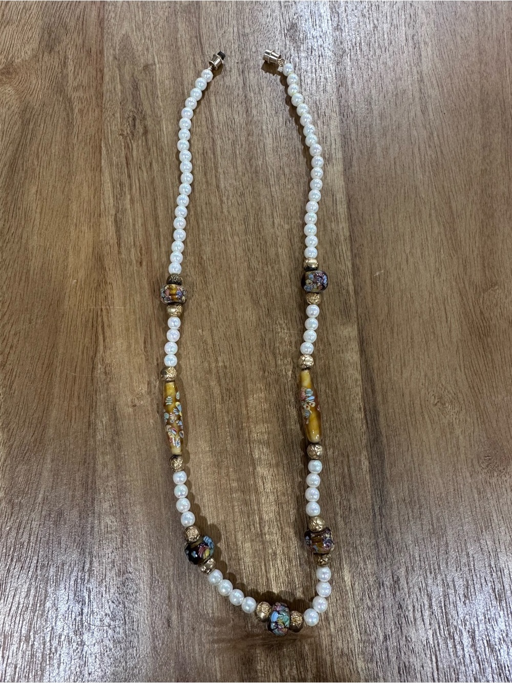 Vintage Venetian Style Millefiori Art Glass Faux Pearl Necklace 19” Gold Tone